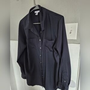 Calvin Klein Women's Long-Sleeve Navy Button-Down Shirt Large Light Weight